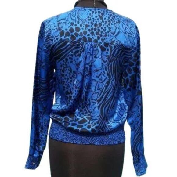 Cache Silk pLeather Shoulders Top New Faux Wrap Shirred Waist Animal NWT $138 - Picture 7 of 7